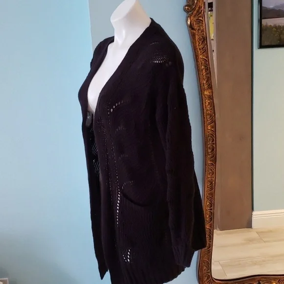 POINTELLE OPEN FRONT CARDIGAN WITH POCKETS Black - Picture 4 of 7